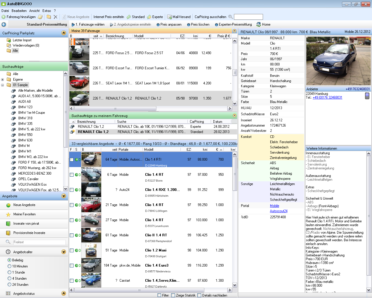 Ein Screenshot des Autosuch- und Autobewertungsprogramms AutoBINGOO pro